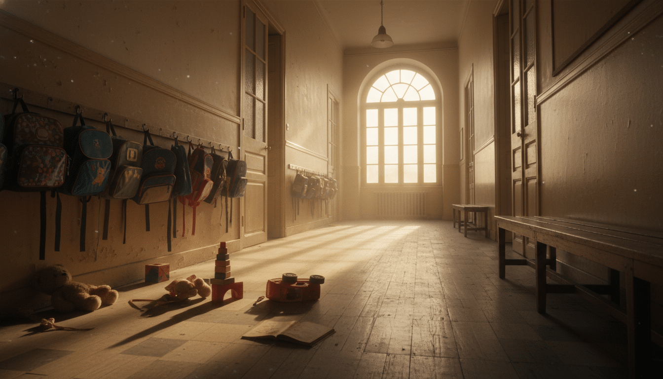 Couloir vide d'une école parisienne avec cartables d'enfants