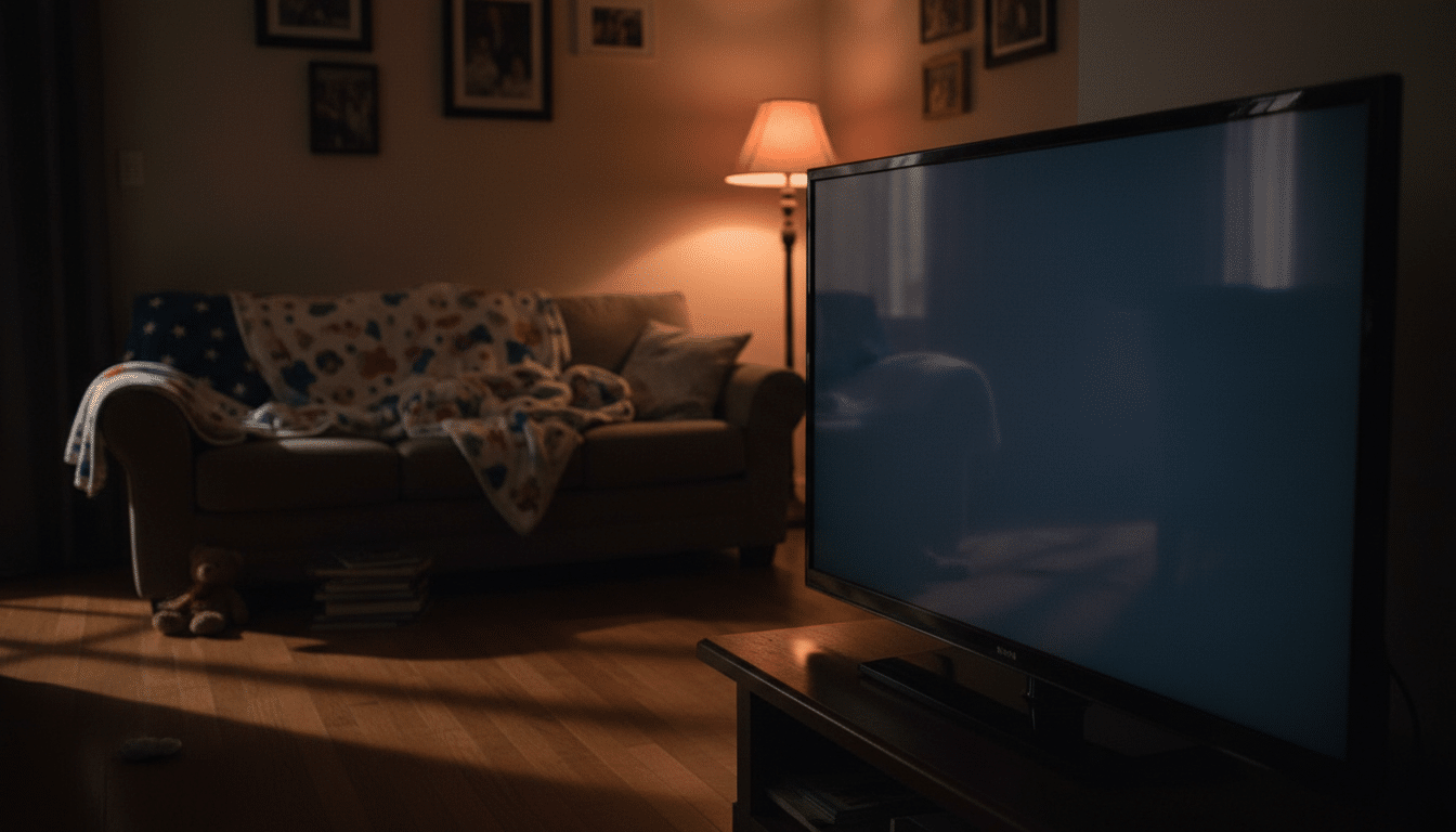 Salon familial avec télévision éteinte et couvertures d'enfants