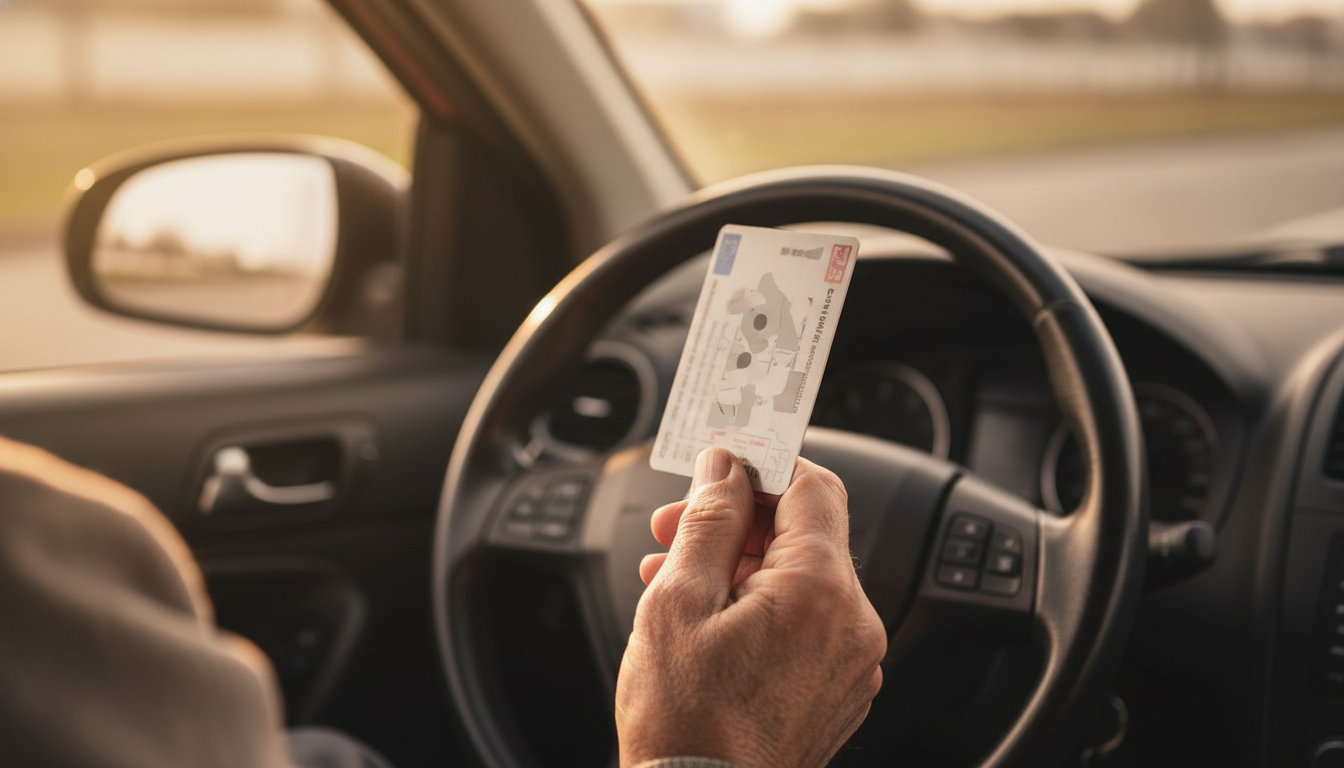 Main d'une personne âgée tenant un permis de conduire français