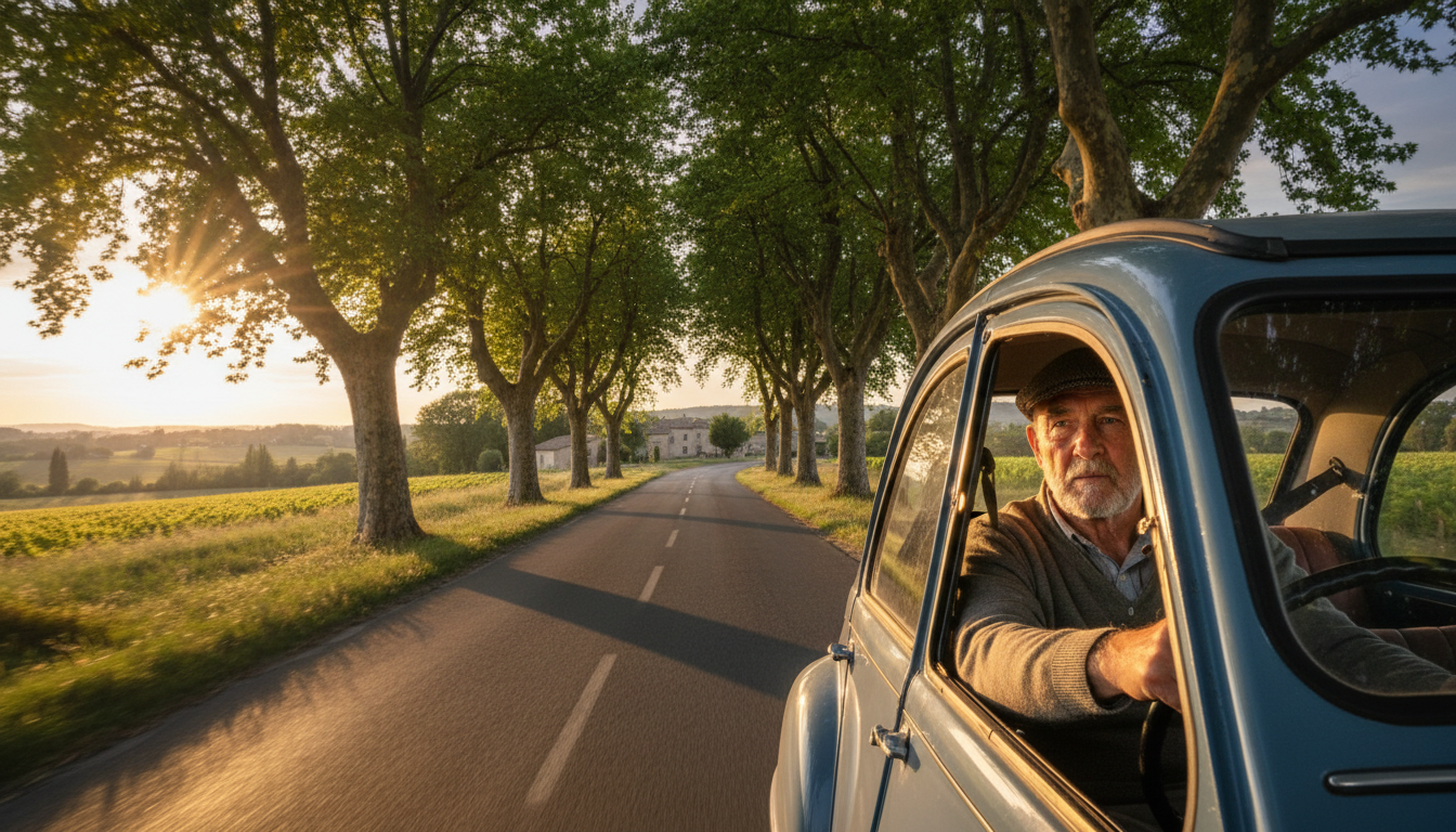 Conducteur senior au volant sur une route de campagne française