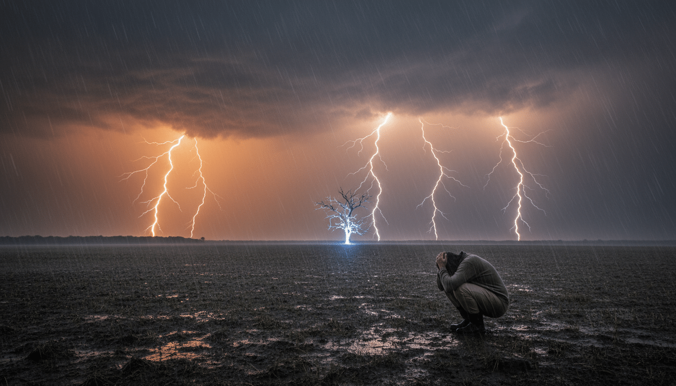 Personne accroupie dans un champ pendant un orage violent