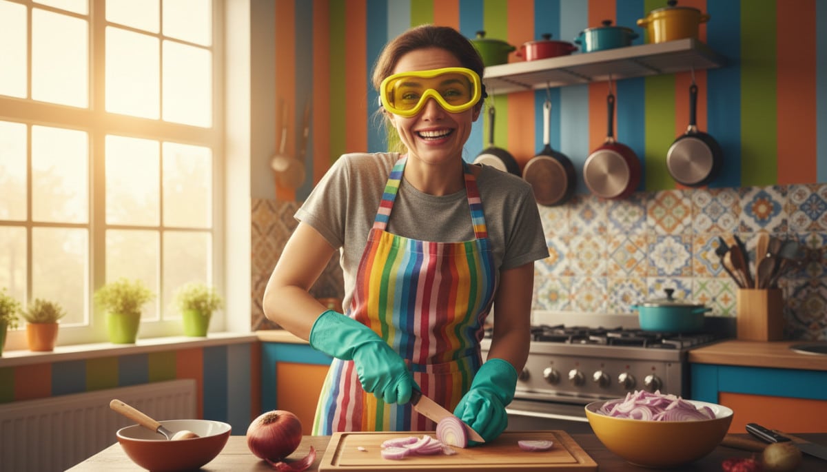 personne avec lunettes de plongée pour couper des oignons