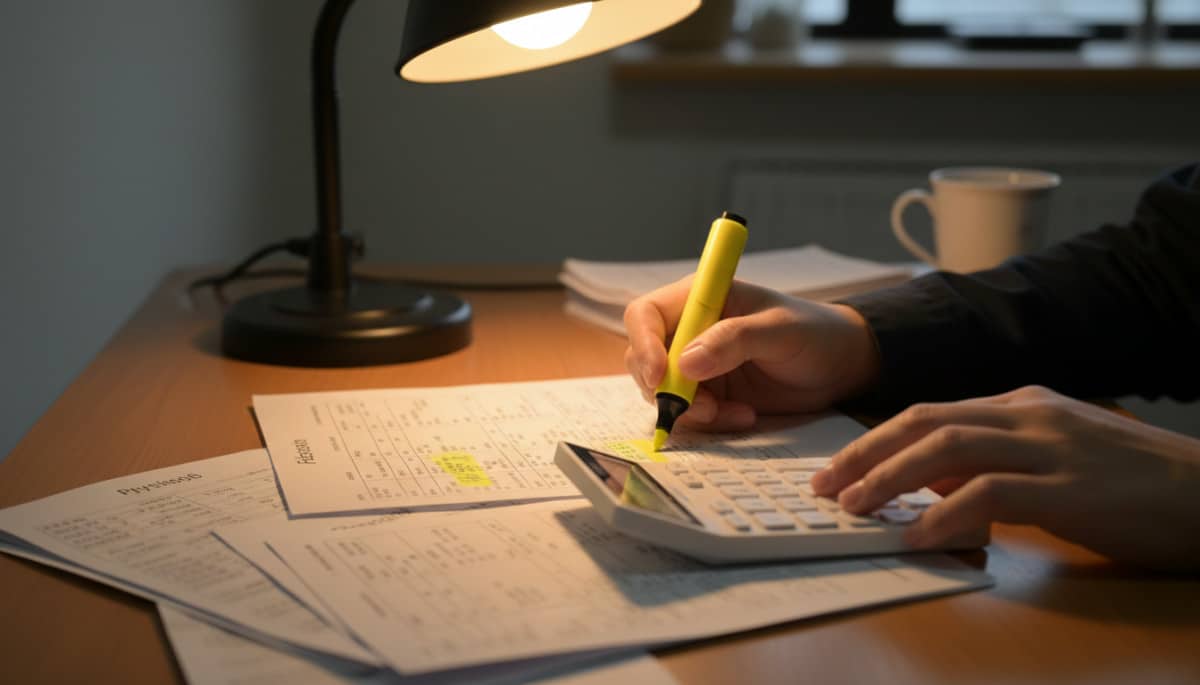 Personne calculant les sommes dues sur plusieurs fiches de paie