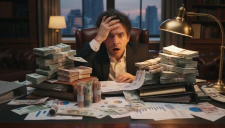 personne choquée devant pile d'argent et documents financiers