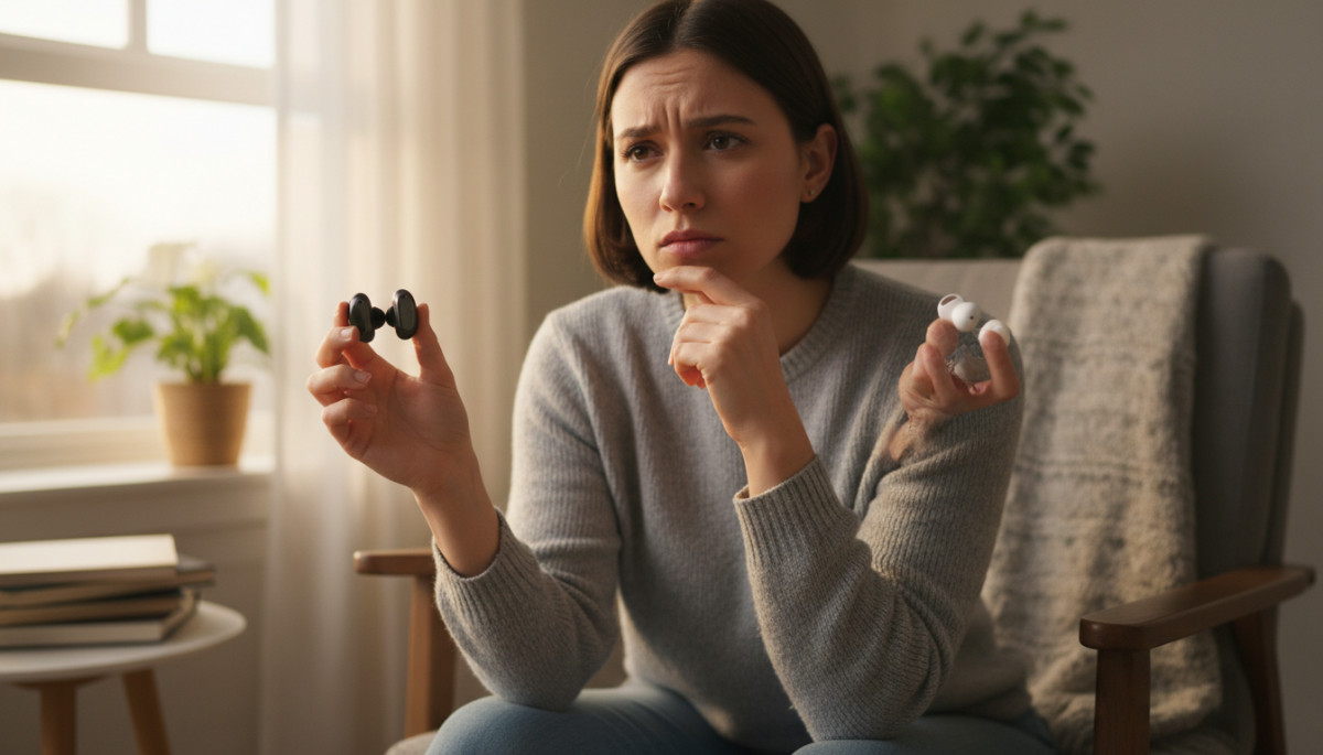 Personne comparant deux paires d'écouteurs sans fil