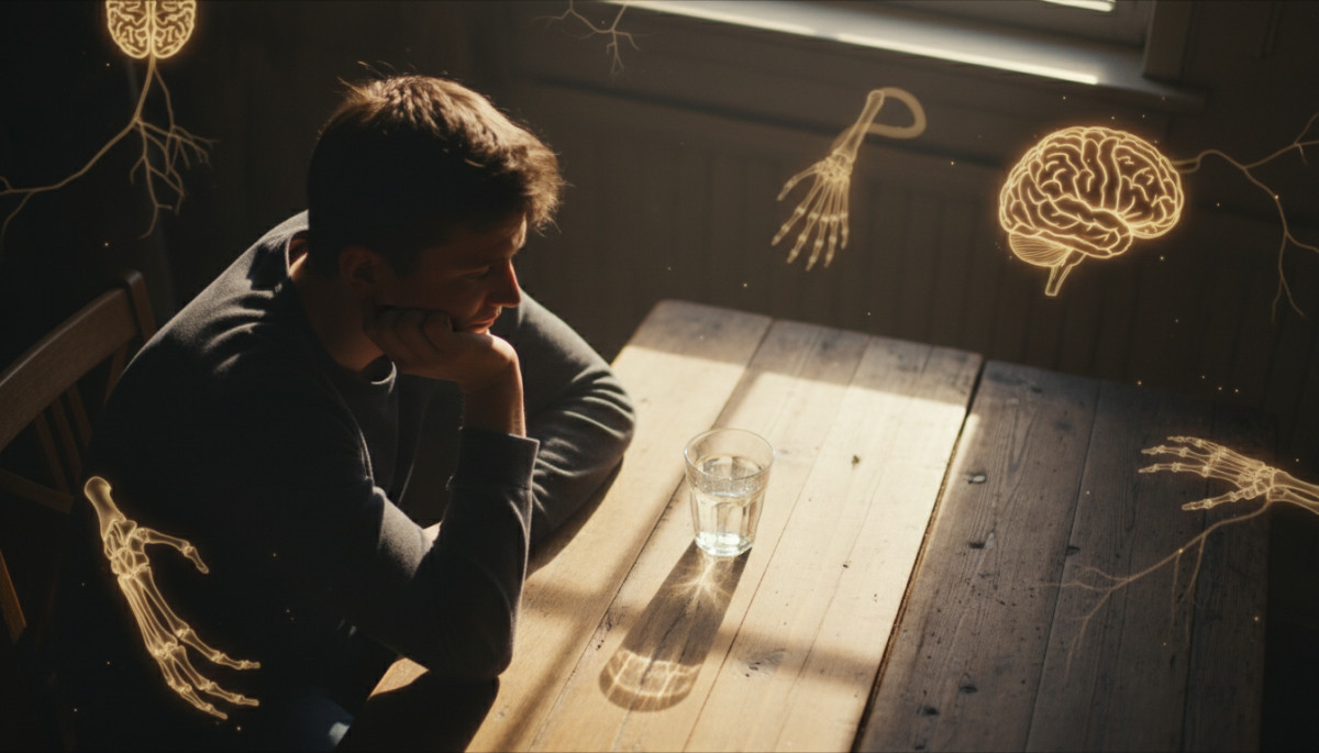 Personne contemplant un verre d'eau sur une table