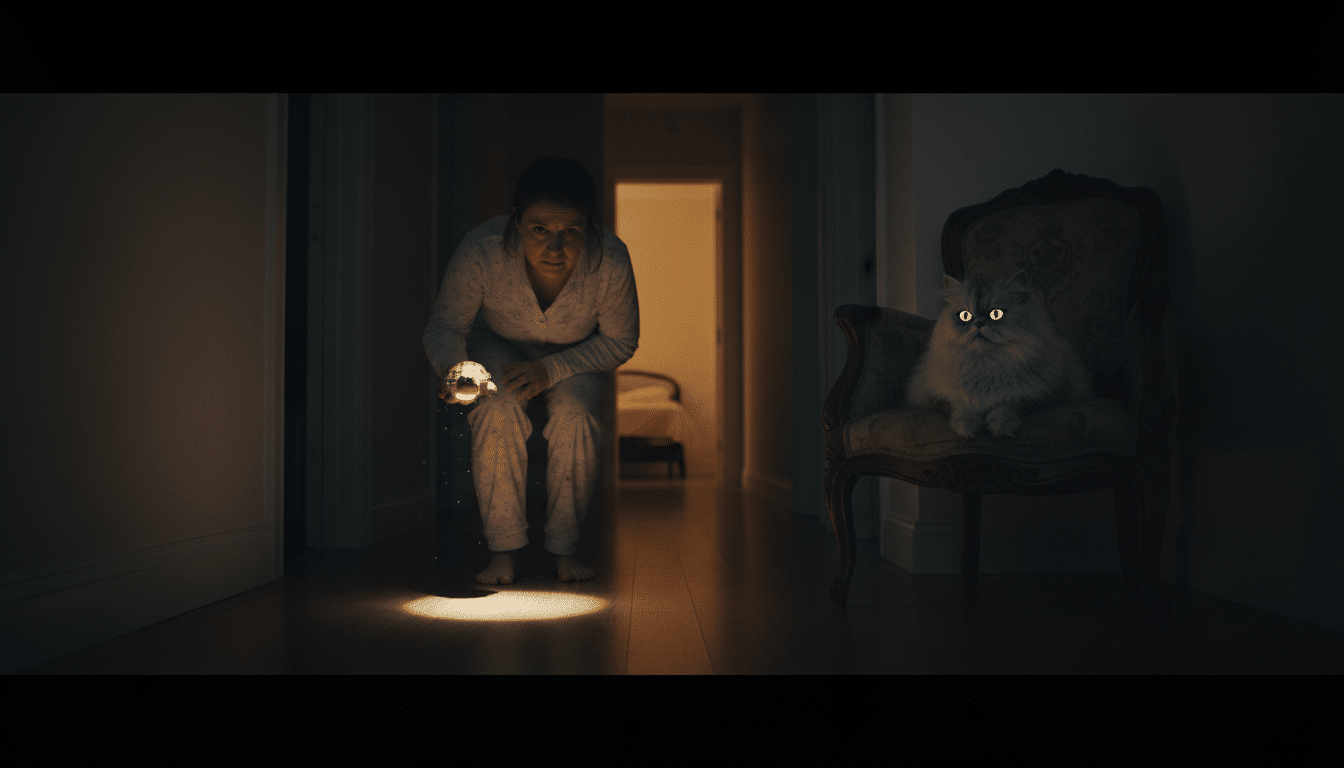 Personne dans couloir sombre croisant un chat aux yeux brillants