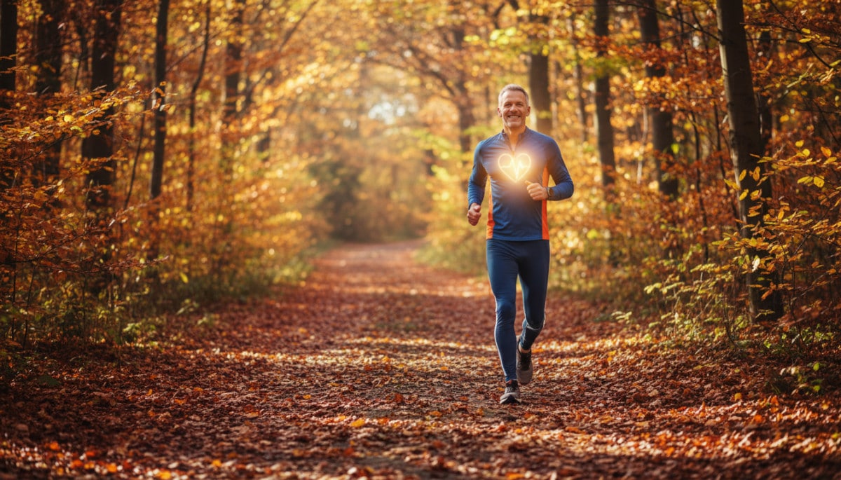 Personne de 50 ans qui court en forêt avec cœur lumineux