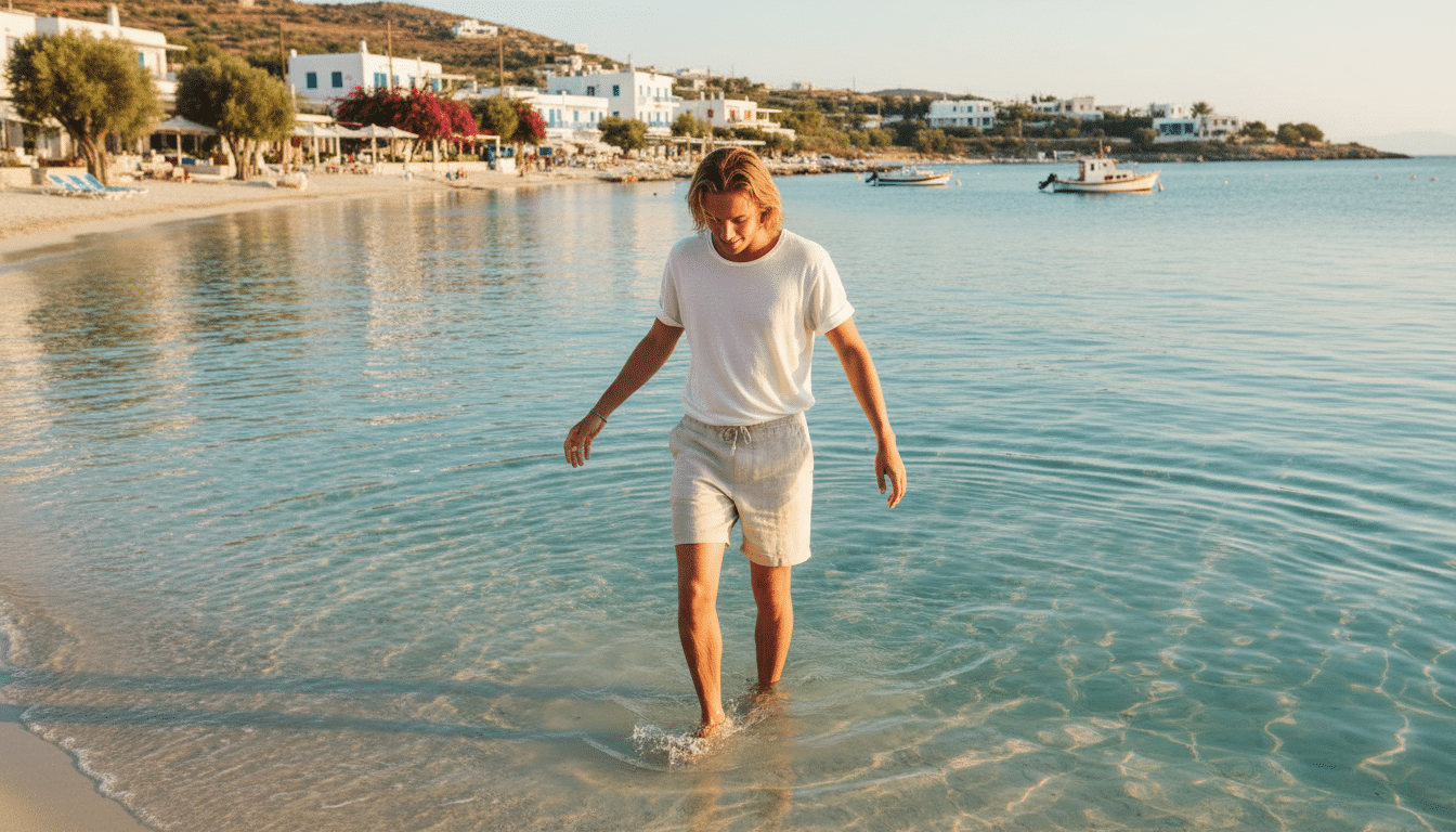 Personne entrant progressivement dans l'eau à la plage