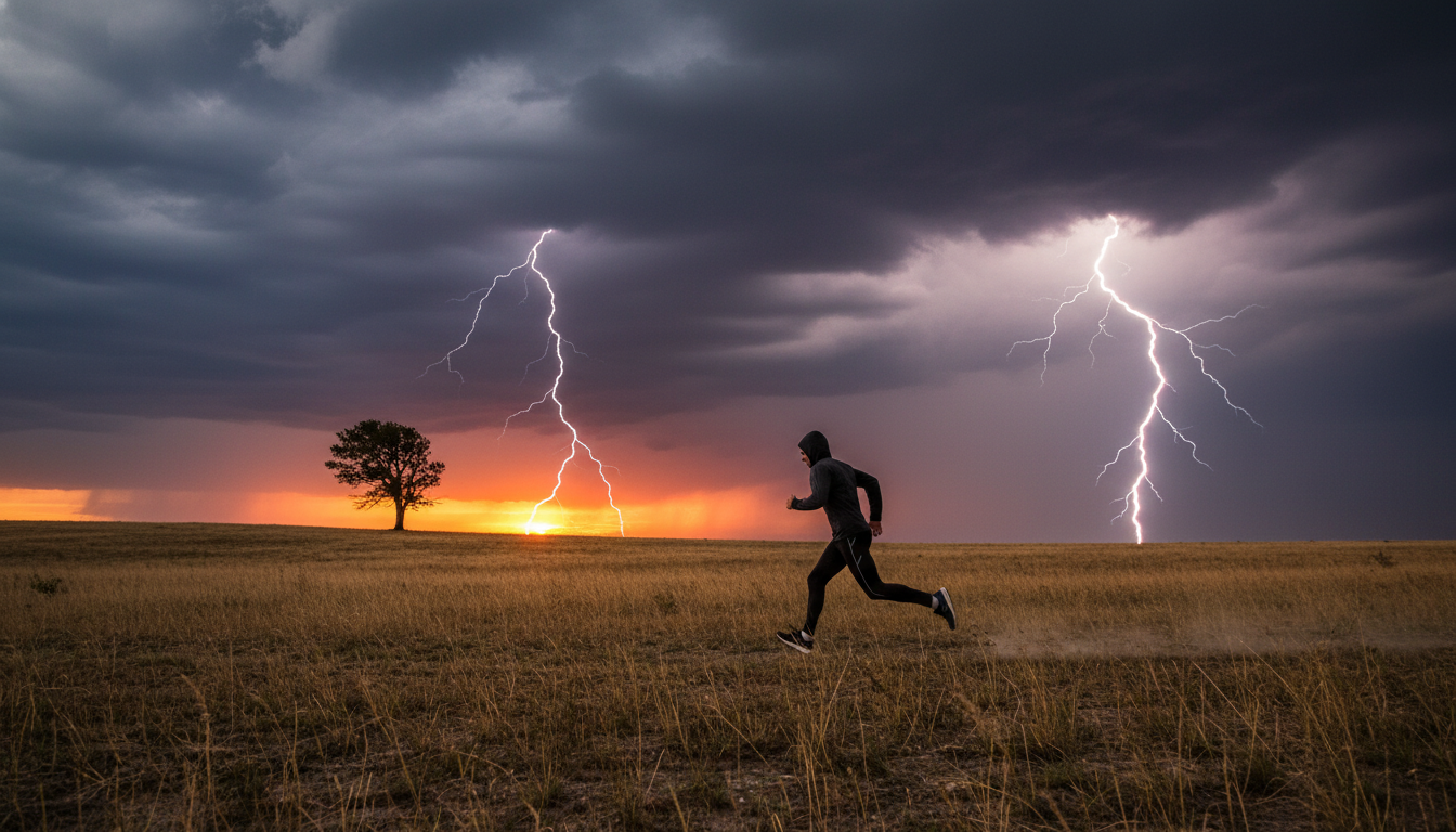 Personne fuyant un orage sous des éclairs