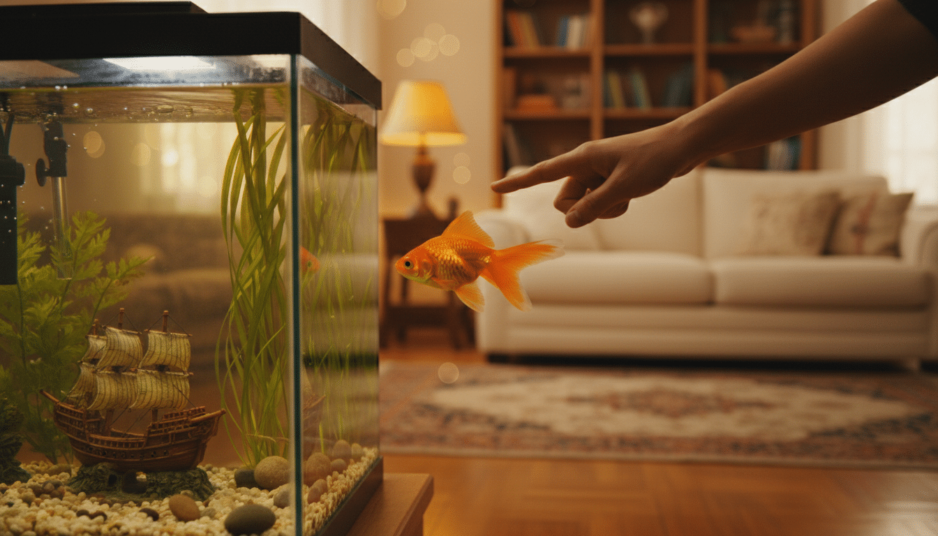 Personne interagissant avec son poisson rouge dans un aquarium