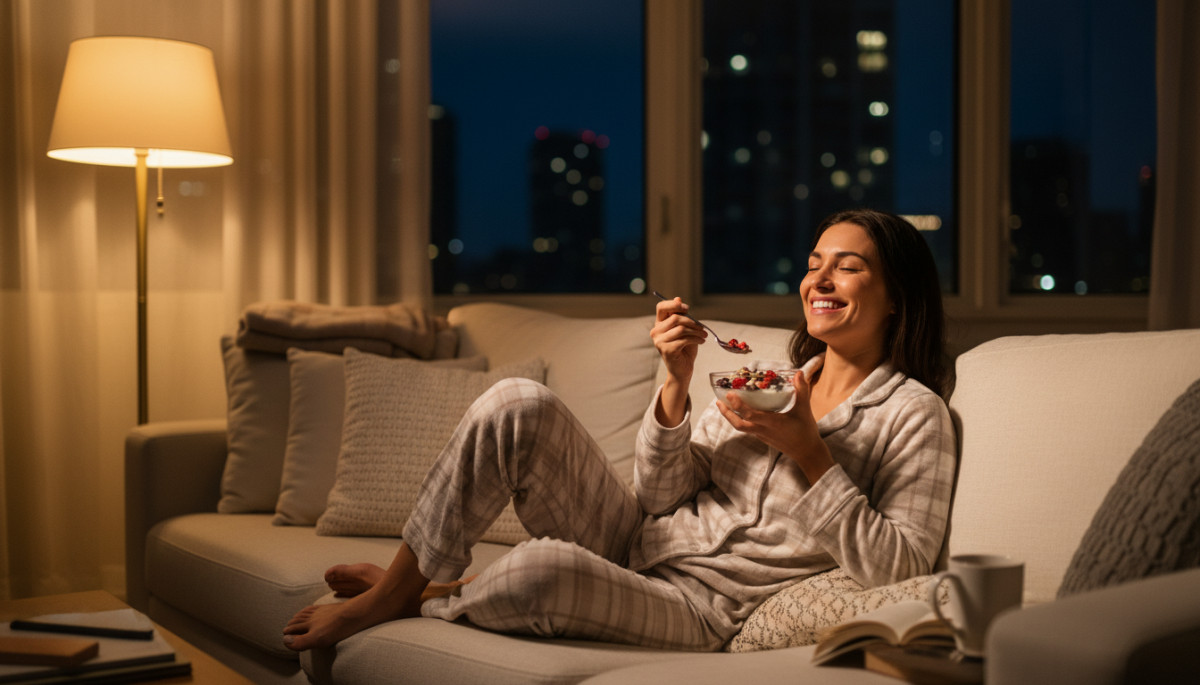 Personne mangeant un snack sain le soir sereinement