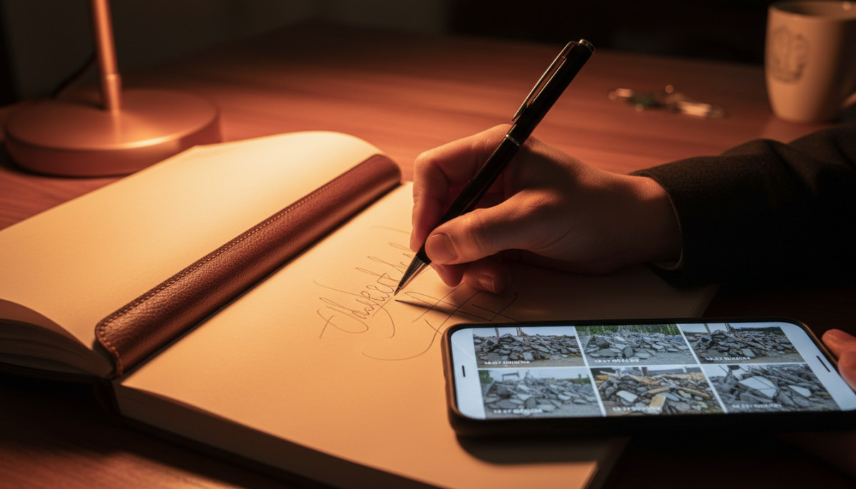 Personne notant les nuisances dans un journal avec photos