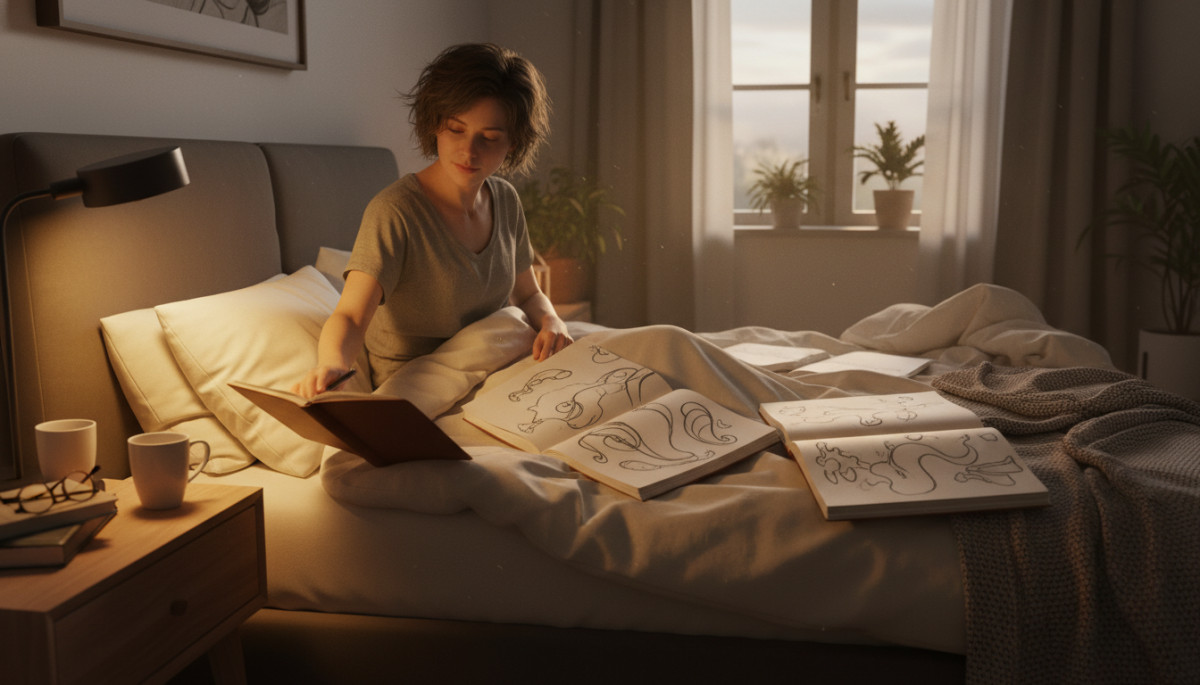 Personne notant ses rêves dans un carnet au réveil
