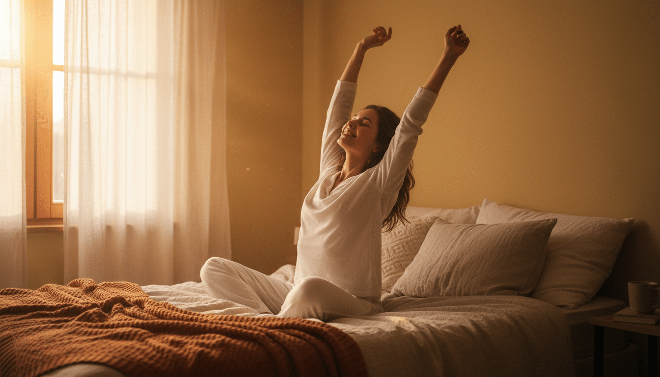 Personne qui s'étire au lit le matin avec le soleil