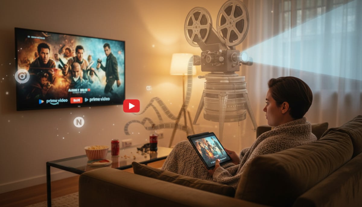 Personne regardant un film sur tablette, éléments de cinéma anciens en fond.