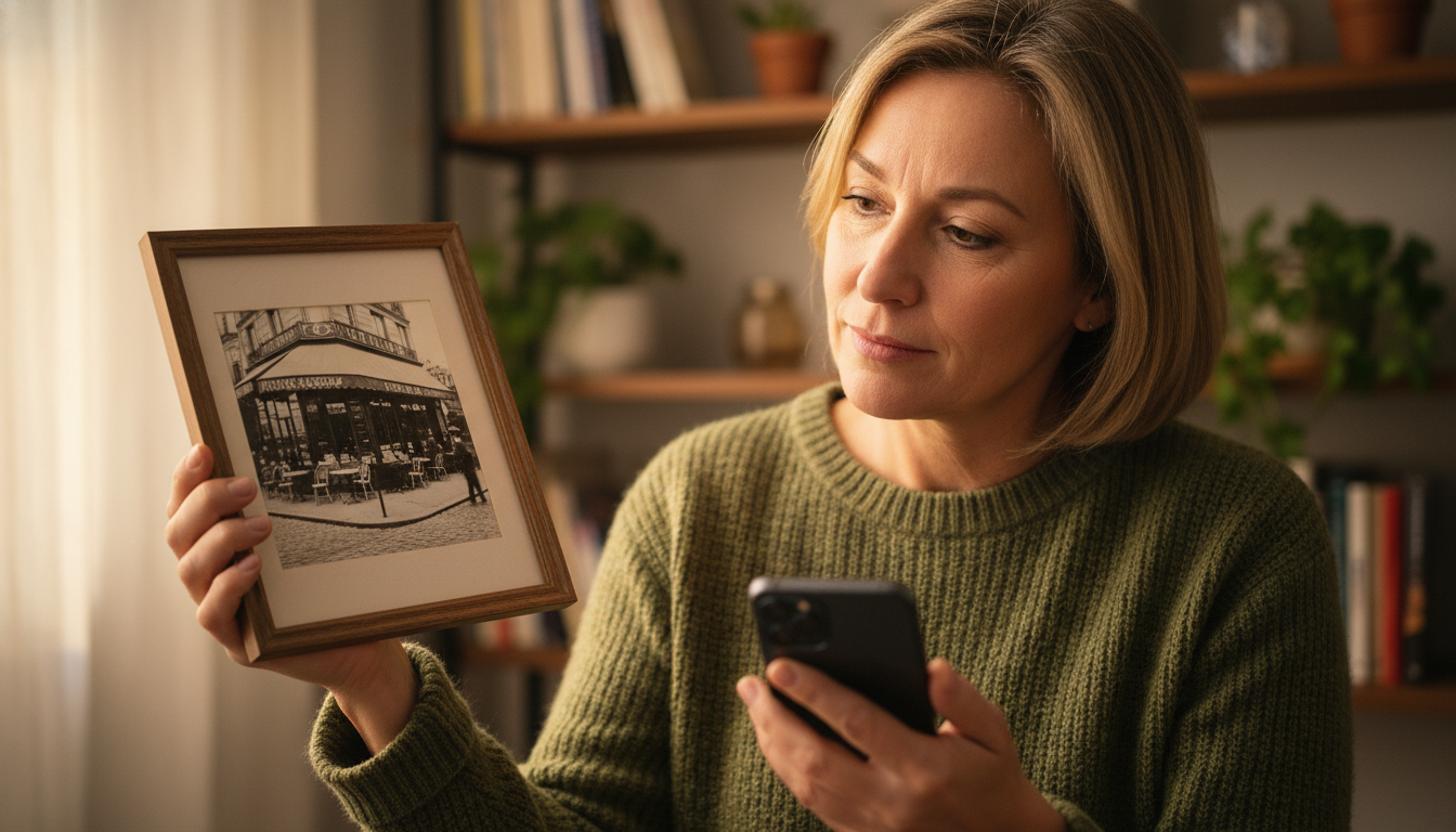 Personne regardant une photo ancienne de café nostalgique