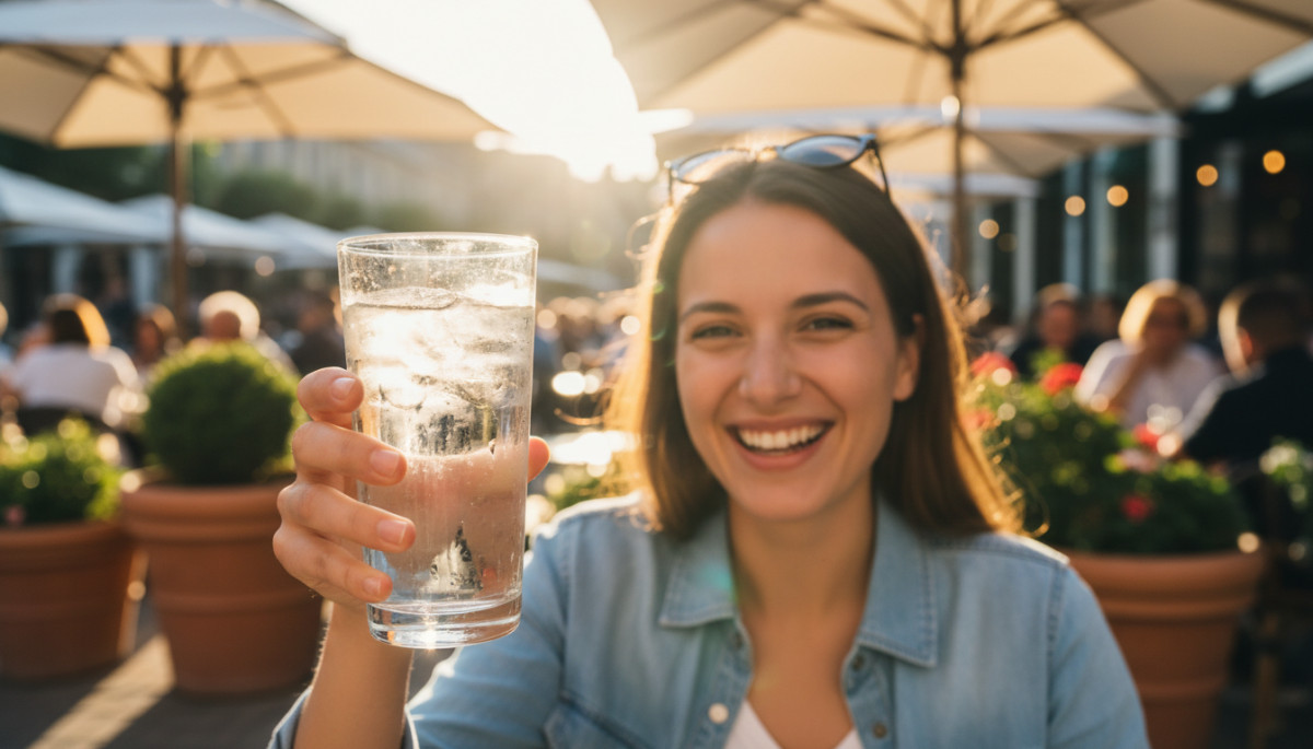 personne souriante avec un verre d'eau glacée en terrasse