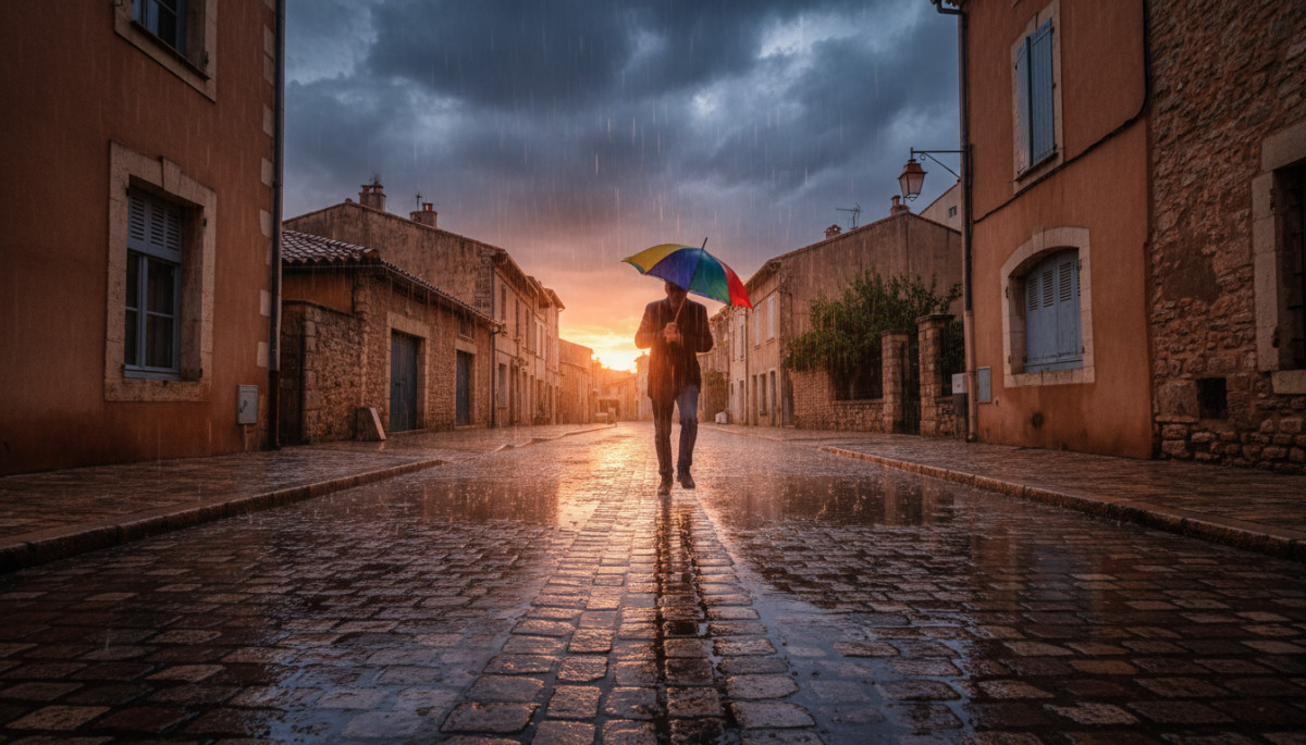 Personne surprise par un orage soudain dans le Sud de la France