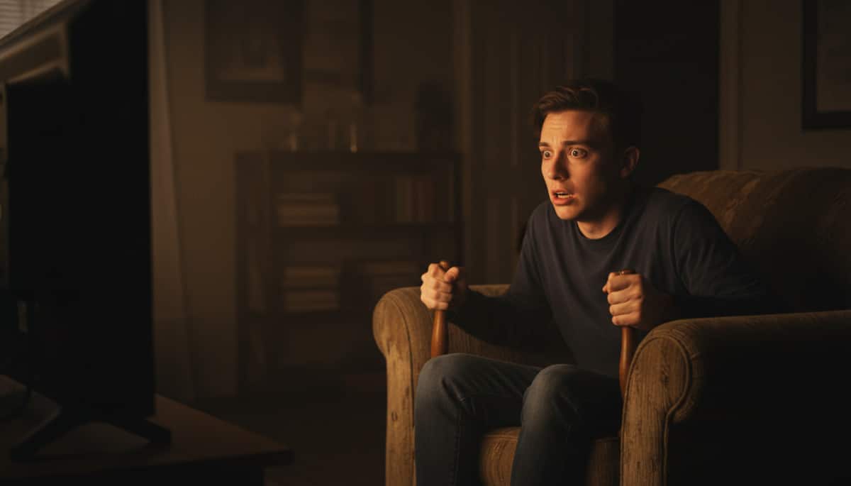 Personne terrifiée devant un écran dans le noir