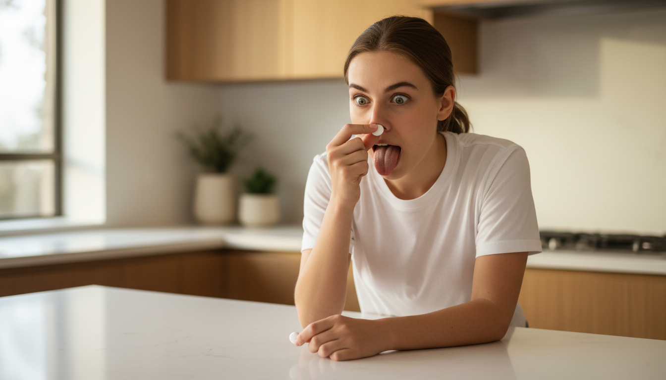 Personne testant la perception du goût avec pastille menthe