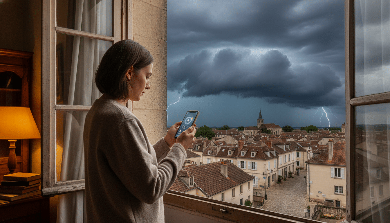 Personne vérifiant la météo sur smartphone avant une tempête