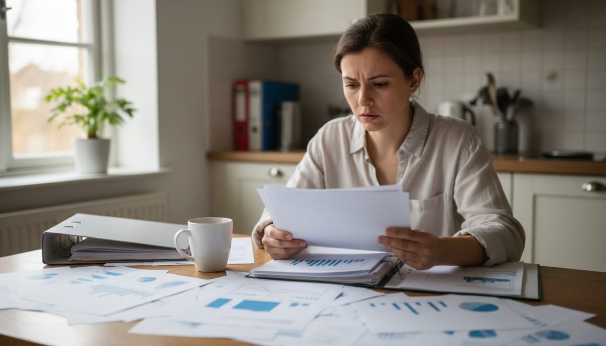 Personne vérifiant ses droits sur des documents papier à domicile