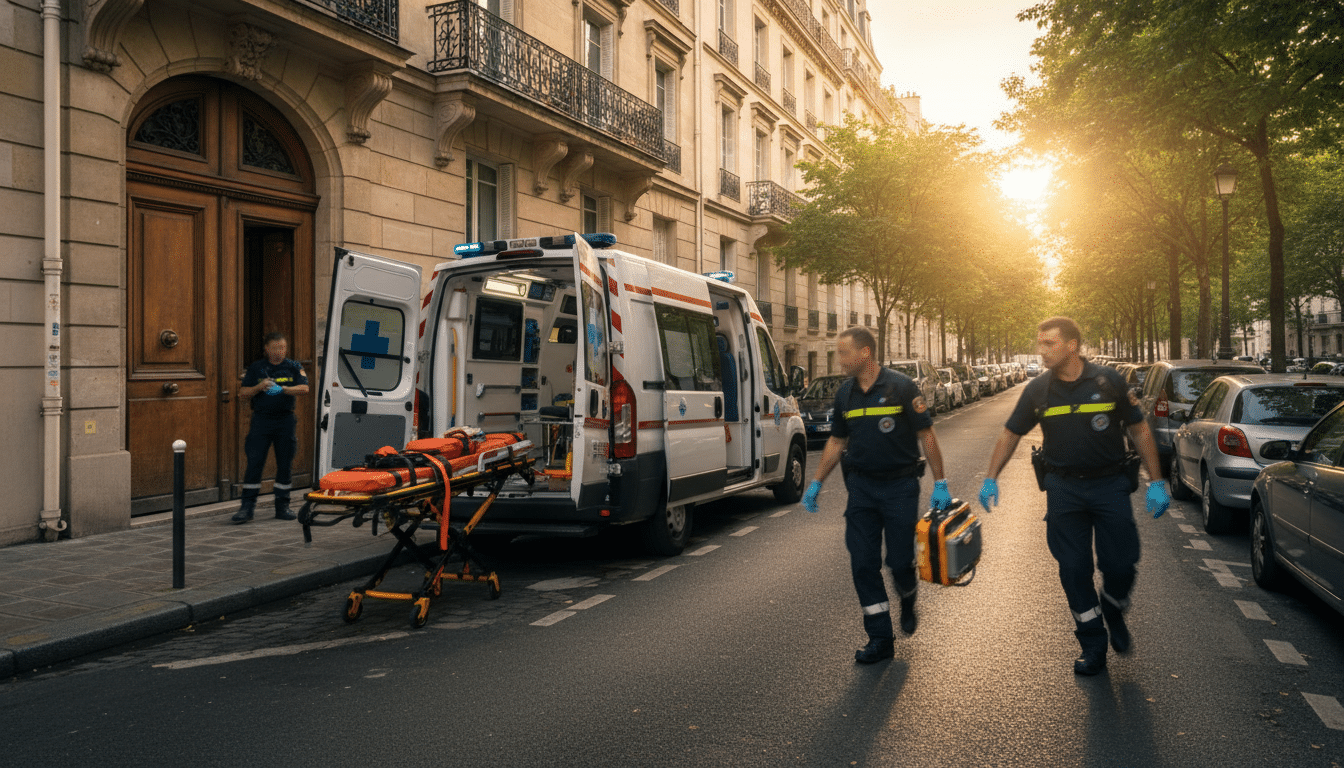 Intervention des secours devant un immeuble après une chute d'enfant