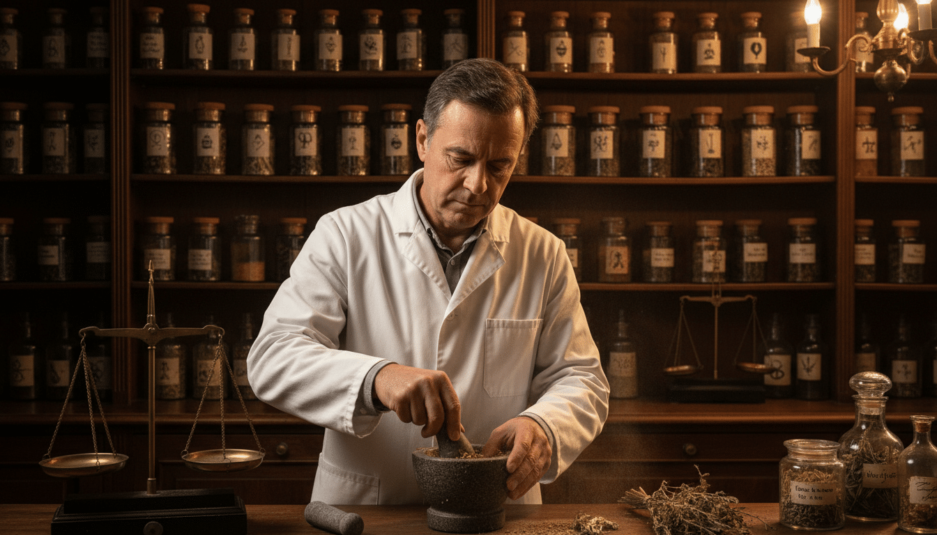 Pharmacien préparant un remède traditionnel avec mortier et pilon.
