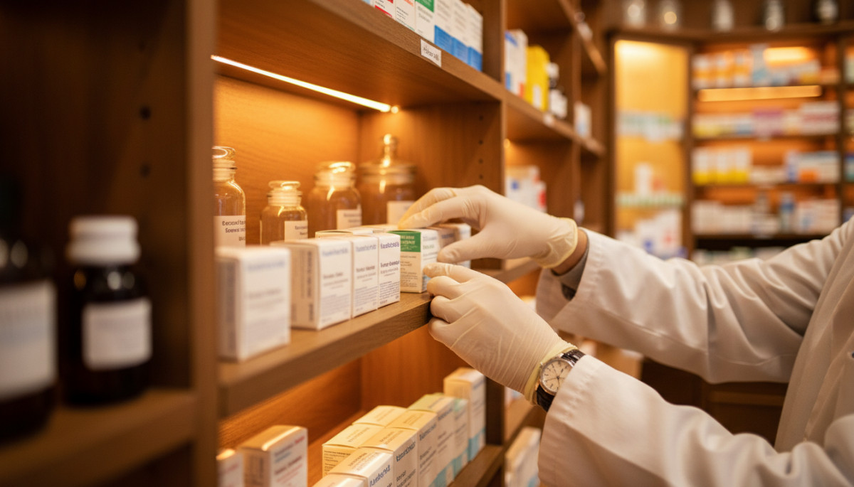 Pharmacien rangeant des médicaments importés en pharmacie