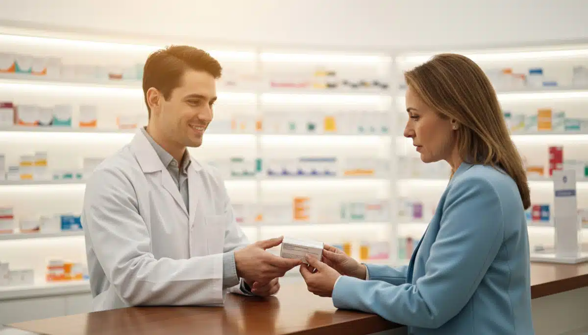 Pharmacien remettant une boîte de médicament à un client