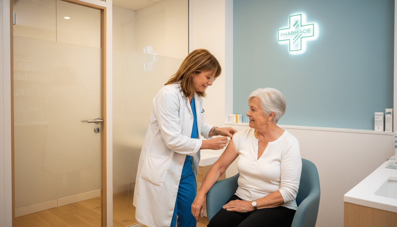 Pharmacienne administrant un vaccin à une personne âgée.
