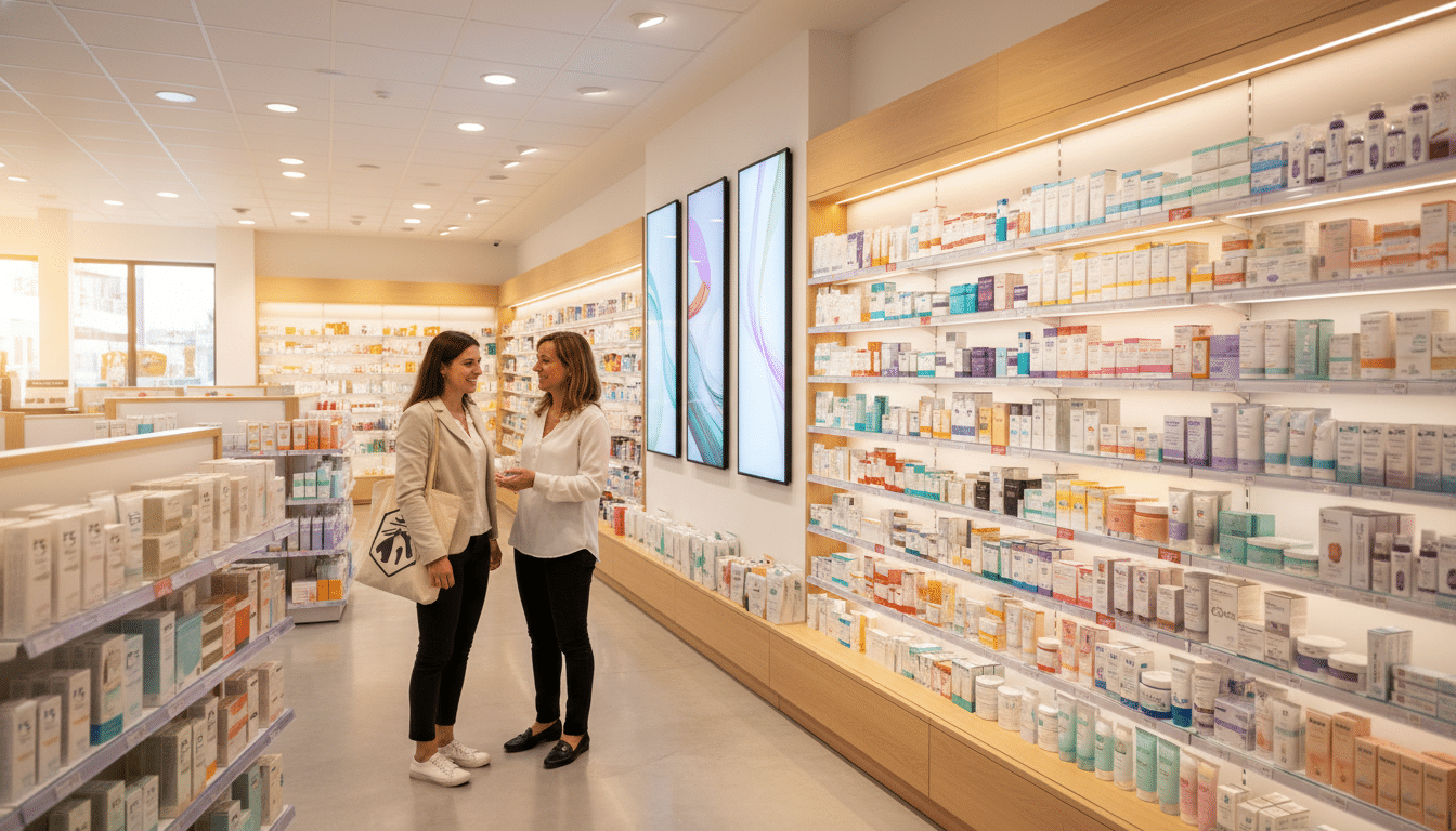 Pharmacienne conseillant une cliente dans une pharmacie moderne et lumineuse.