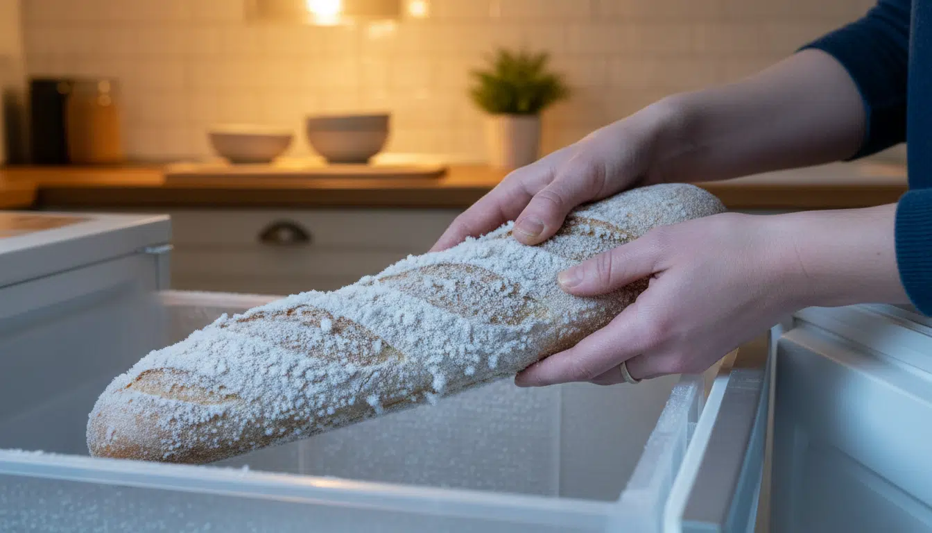 Baguette congelée sortie du congélateur avec cristaux de glace