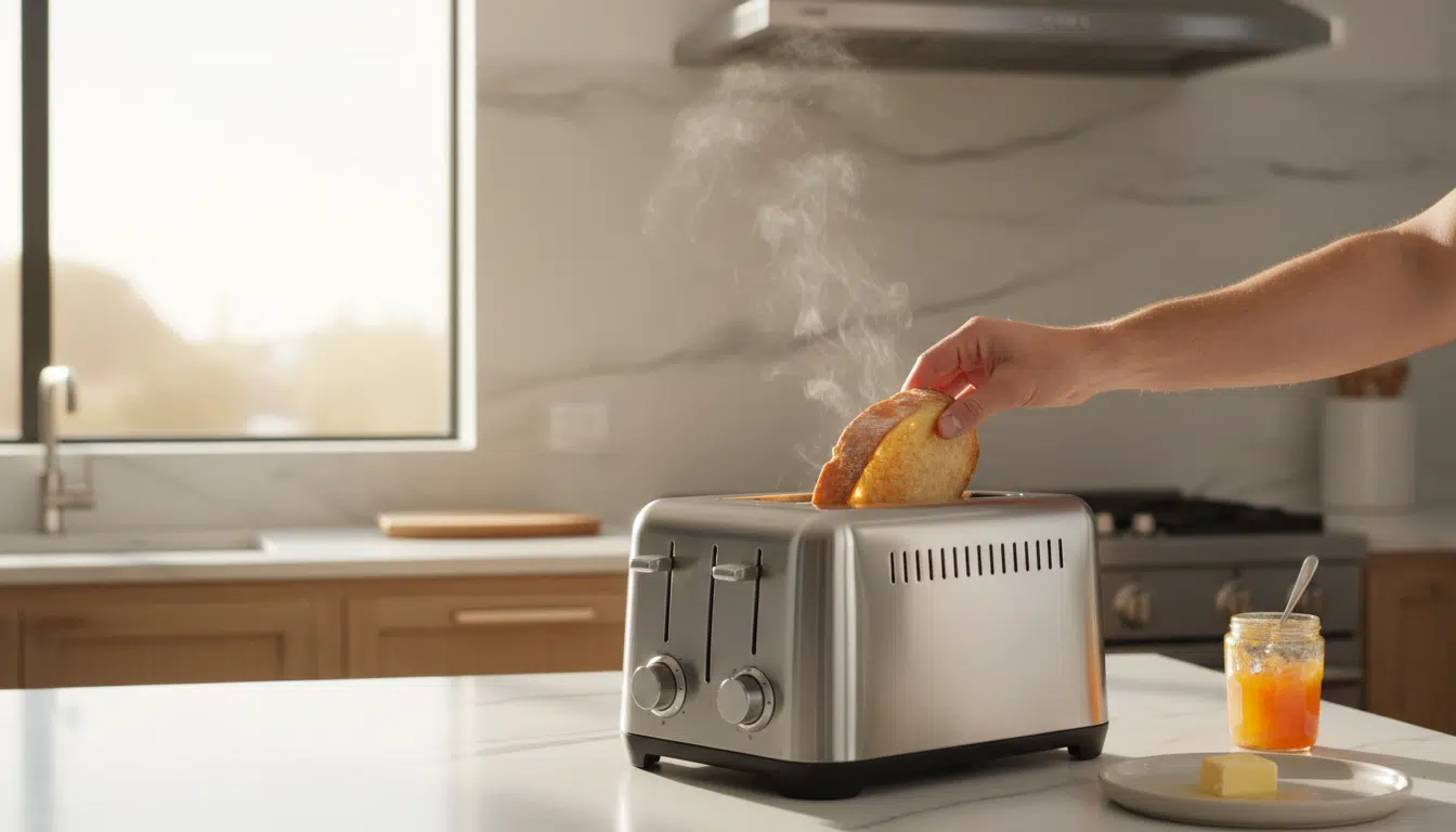 Baguette croustillante sortant du grille-pain dans une cuisine