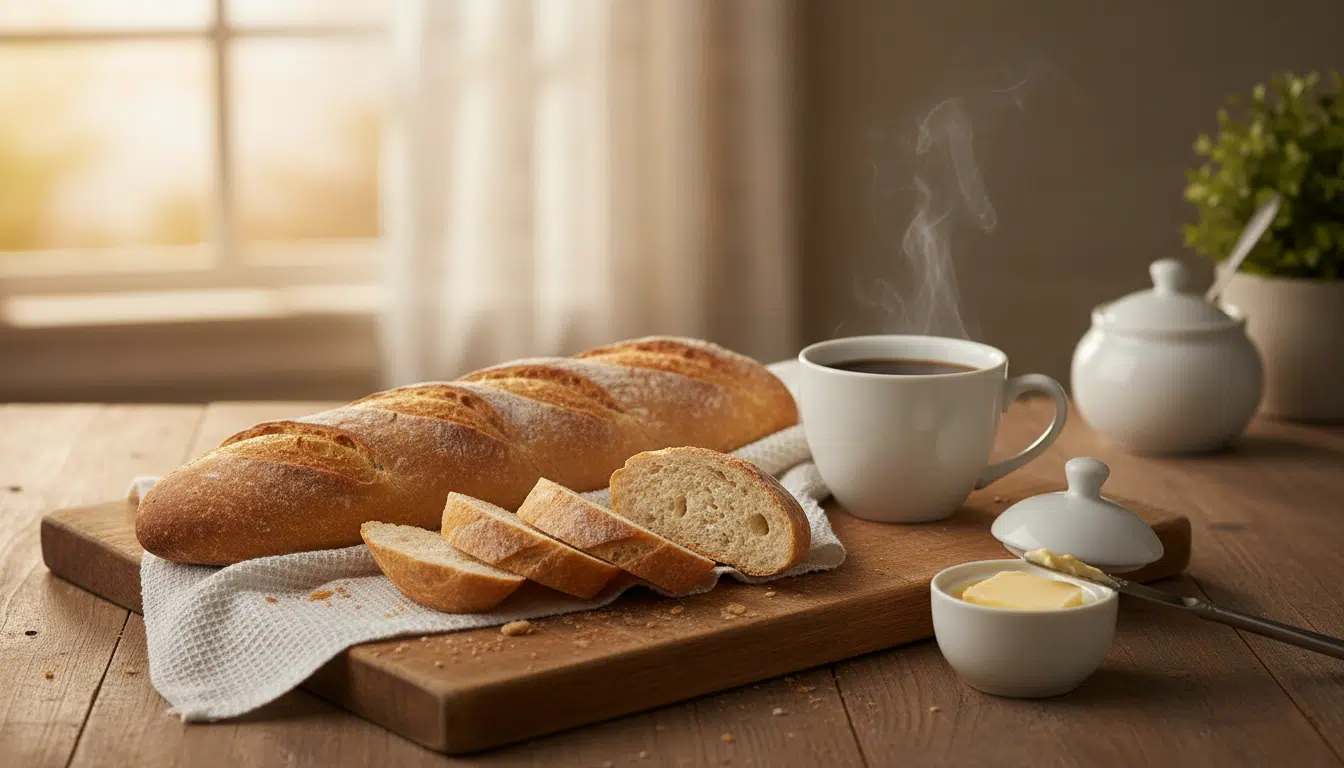 Baguette décongelée tranchée sur une planche avec petit-déjeuner