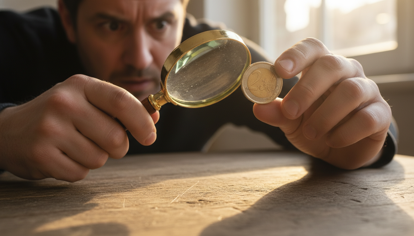 Personne examinant une pièce de 2 euros à la loupe