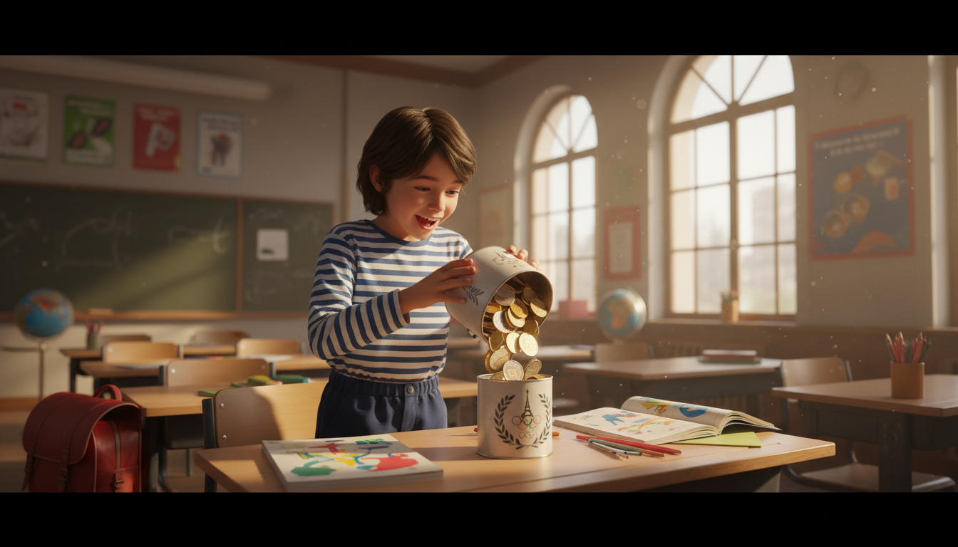 Écolier découvrant des pièces commémoratives des JO