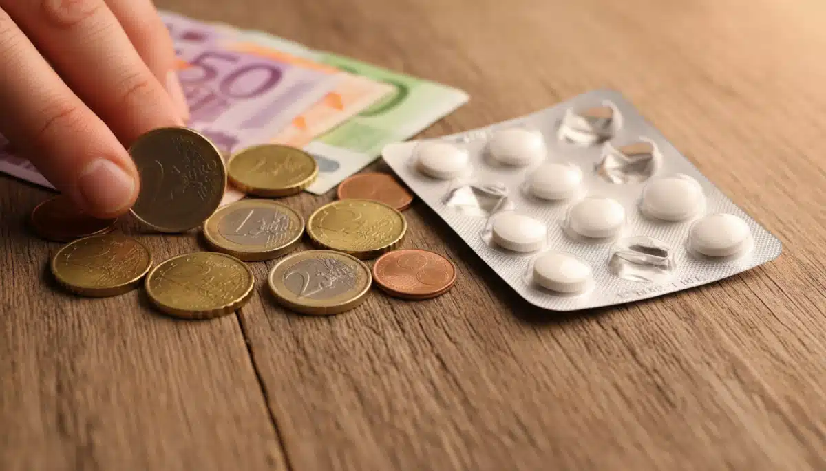 Pièces de monnaie et comprimés de paracétamol sur une table