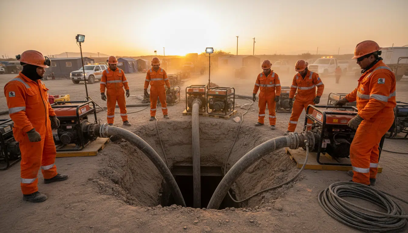 Équipes de secours mexicaines pompant l'eau près de la mine