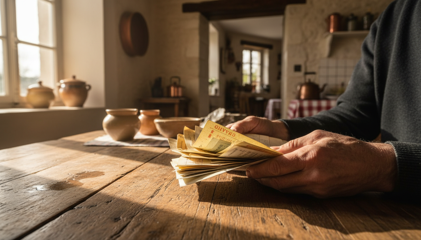 Couple inquiet consultant des factures dans leur cuisine rustique