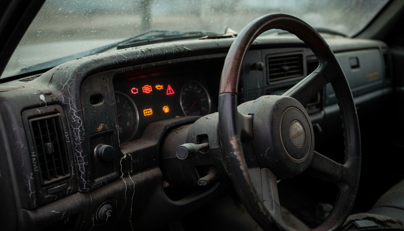 Tableau de bord d'un pick-up avec voyants d'alerte allumés en rouge et orange