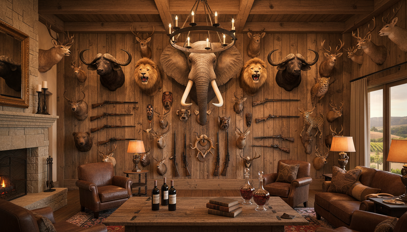 Mur de trophées de chasse dans une maison californienne