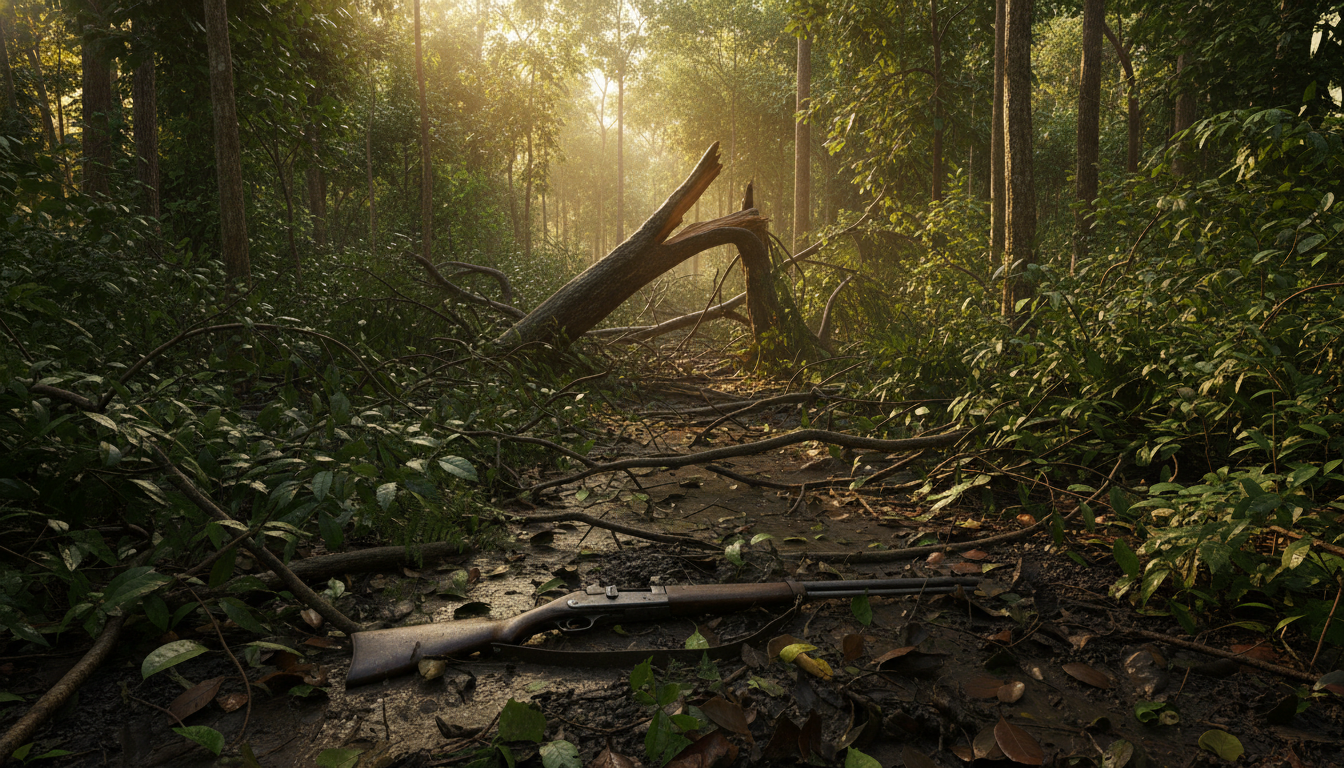 Forêt tropicale dense au Gabon après une charge d'éléphants