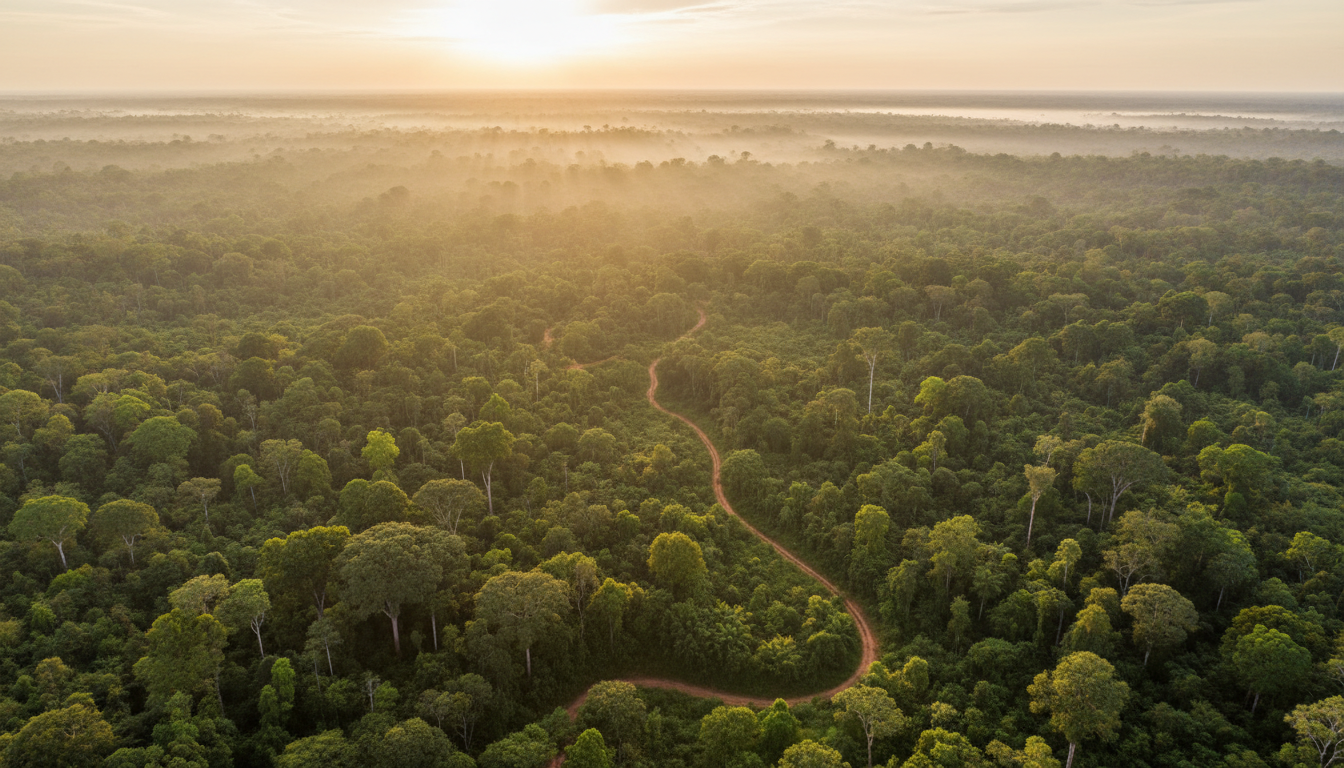 Vue aérienne de la forêt tropicale gabonaise au coucher du soleil