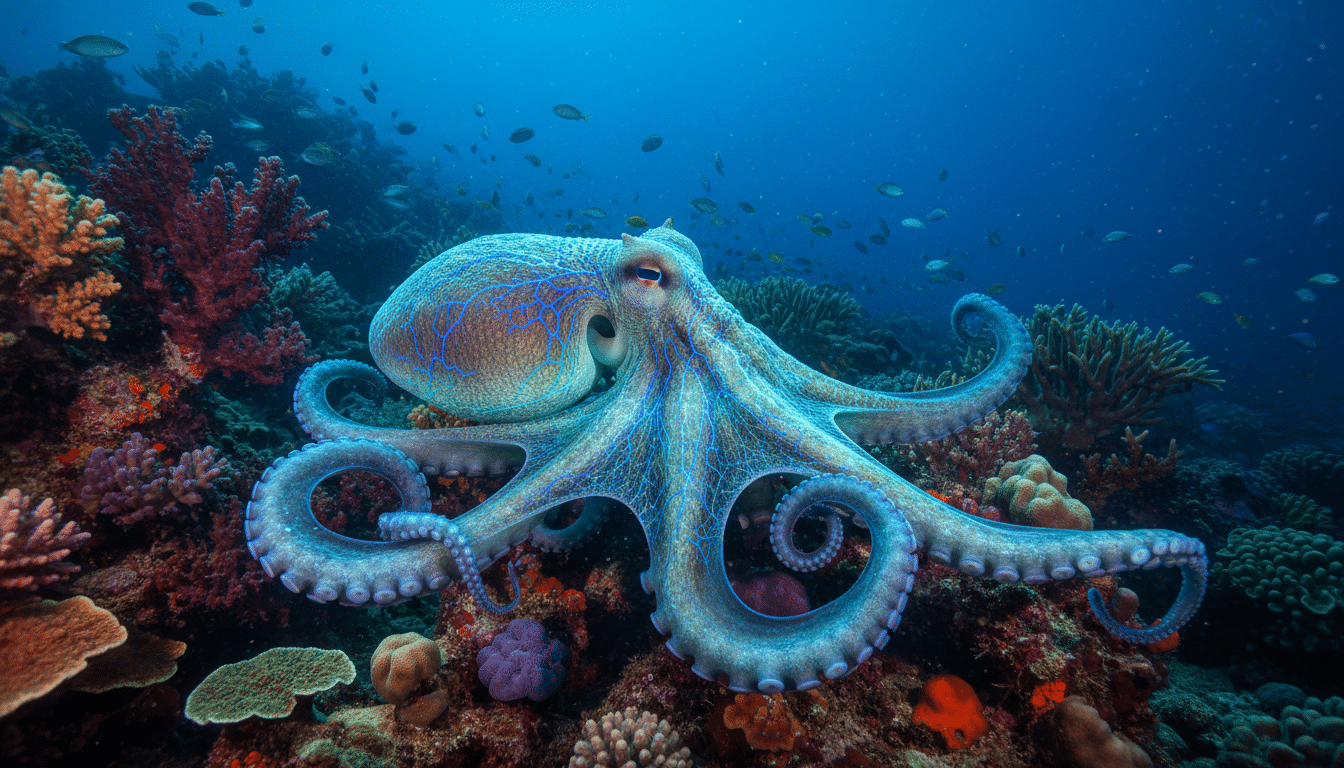 Pieuvre aux reflets bleutés sous l'eau