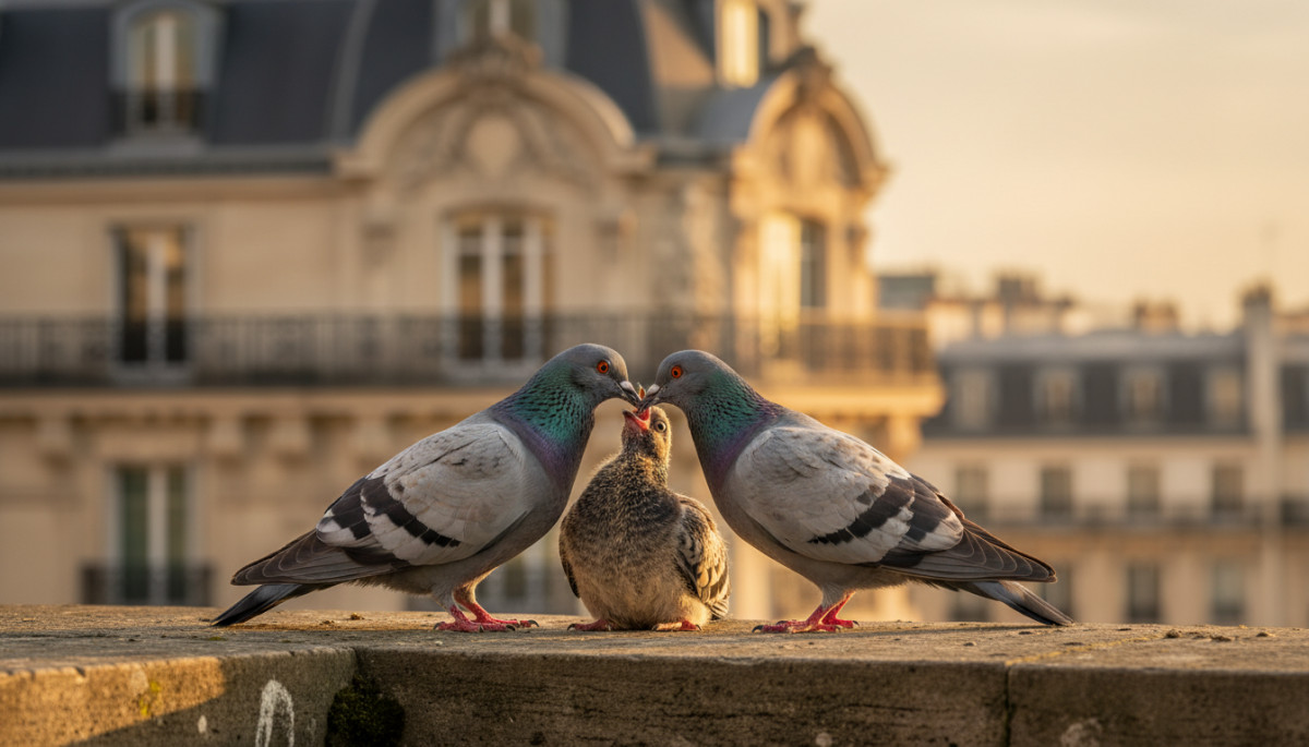 Pigeons adultes nourrissant un jeune pigeon presque adulte