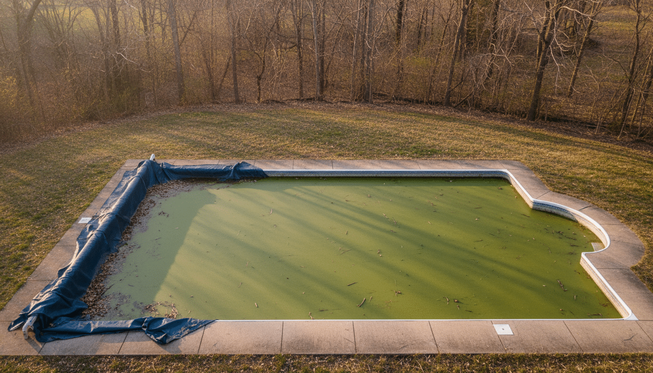 Piscine remplie trop tôt avec eau verte au printemps