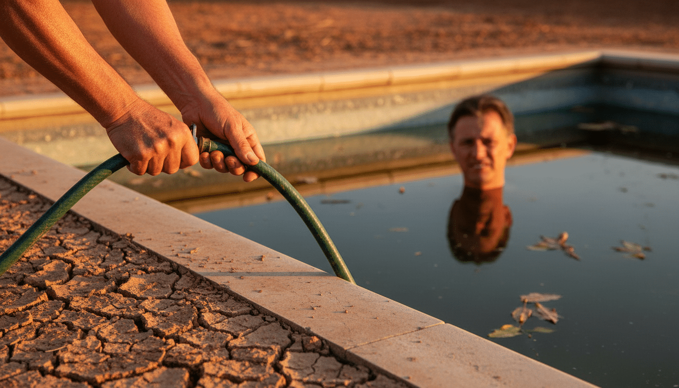 Propriétaire hésitant à remplir sa piscine en période de sécheresse