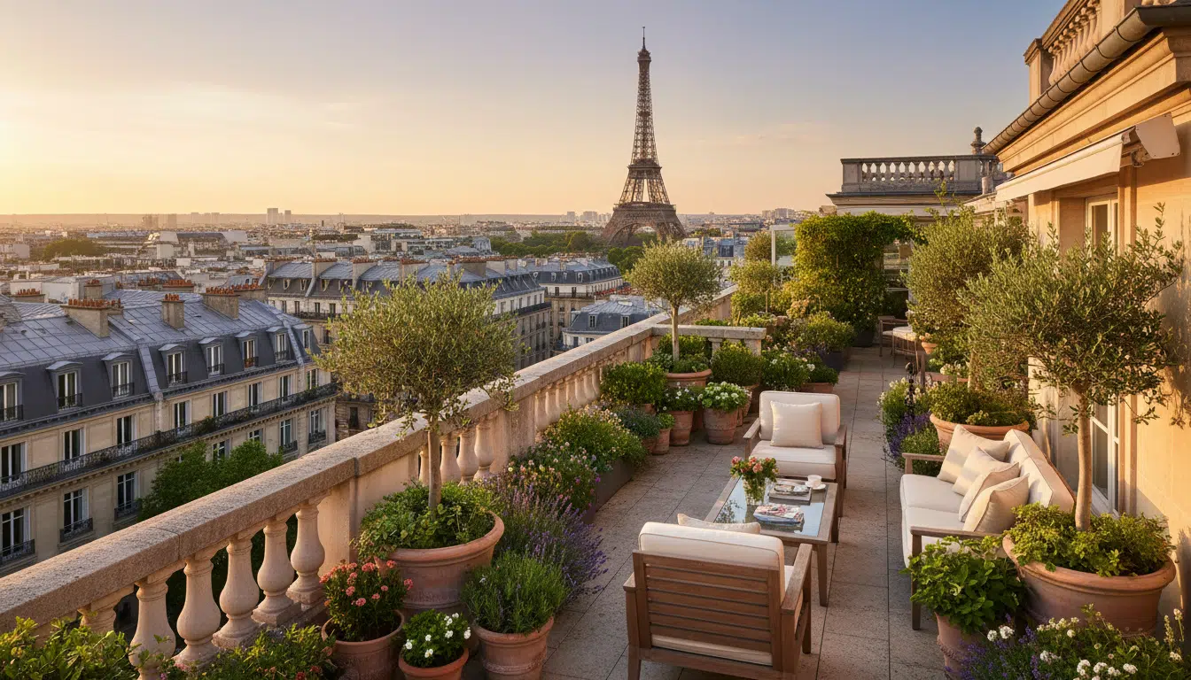 Terrasse parisienne avec vue panoramique sur la tour Eiffel au coucher du soleil, immobilier de luxe